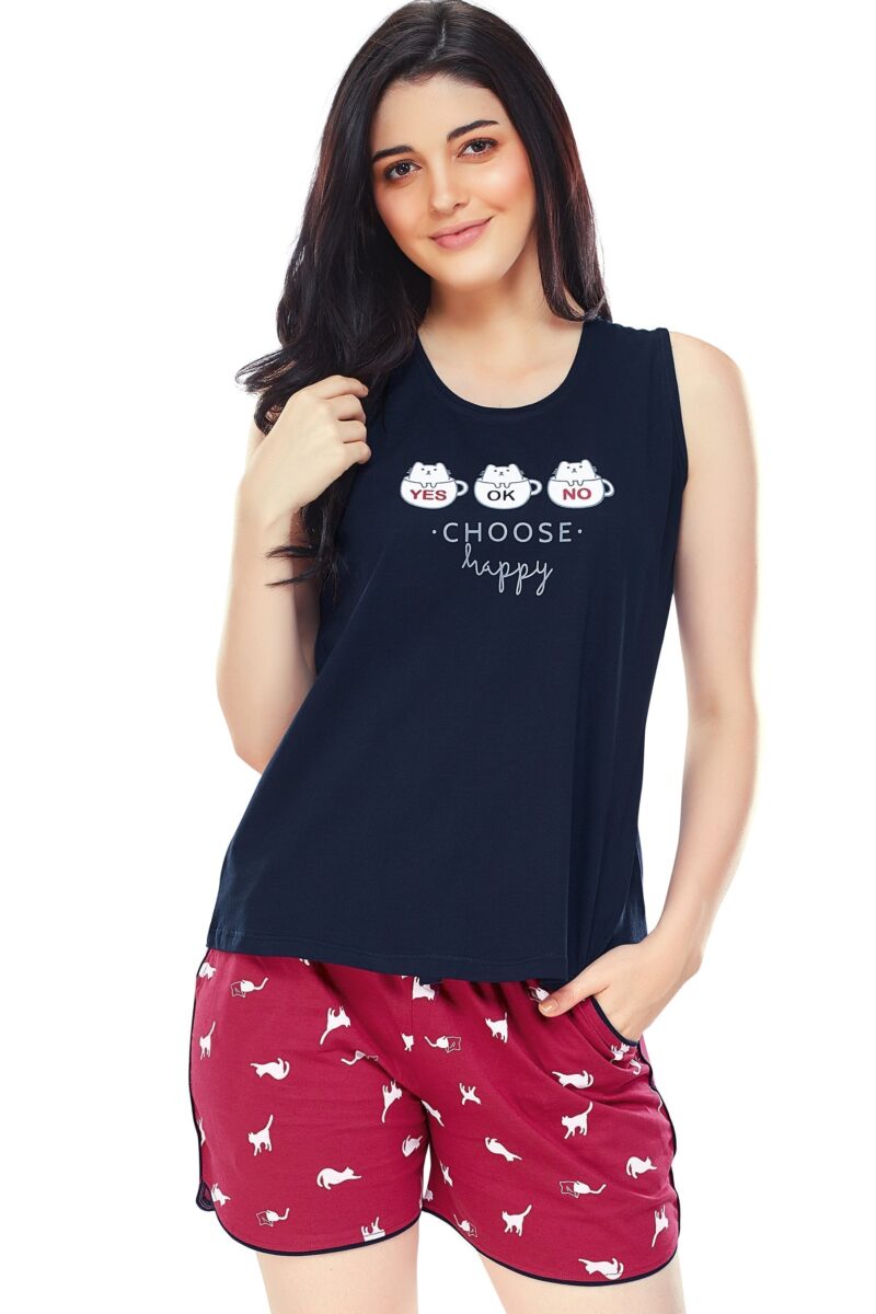 Women's Cotton Navy Blue Cat Printed Shorts Set - Image 5