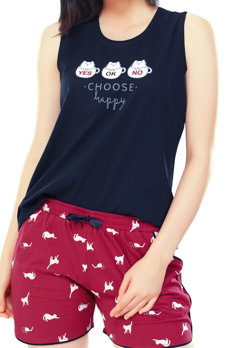 Women's Cotton Navy Blue Cat Printed Shorts Set - Image 2