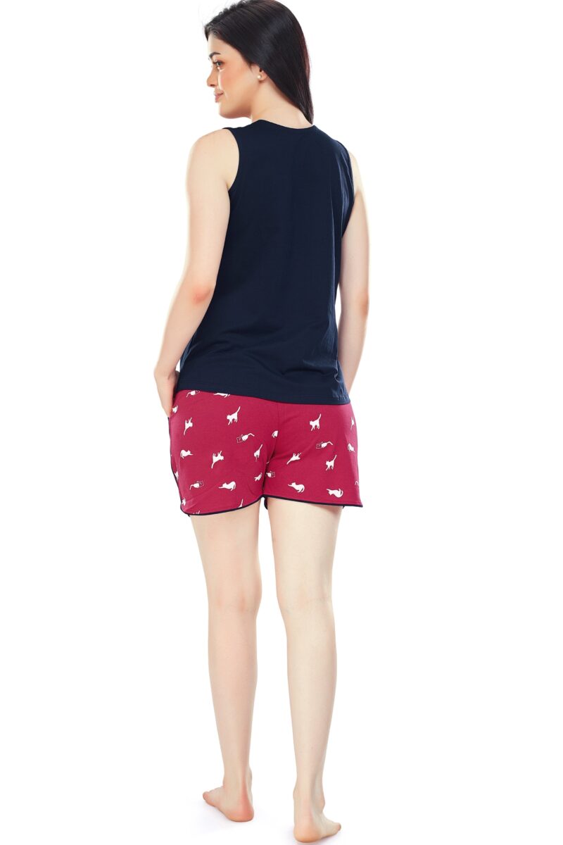 Women's Cotton Navy Blue Cat Printed Shorts Set - Image 3