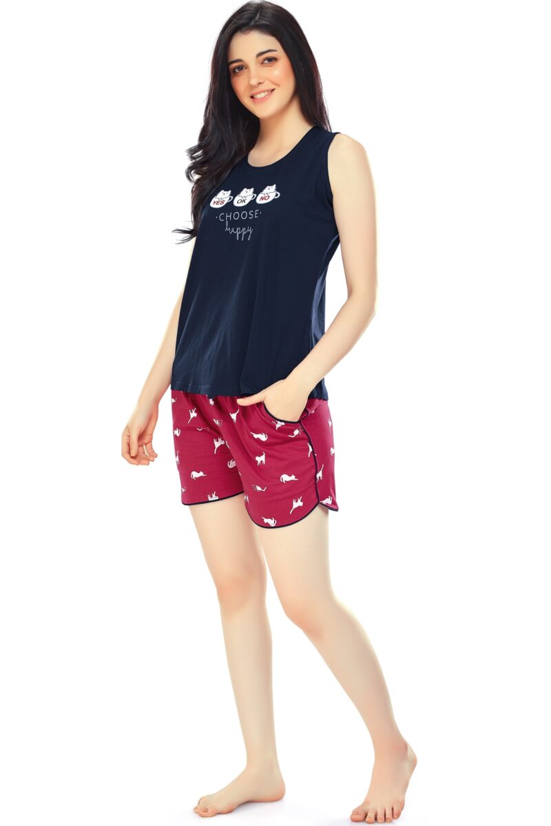 Women's Cotton Navy Blue Cat Printed Shorts Set - Image 4