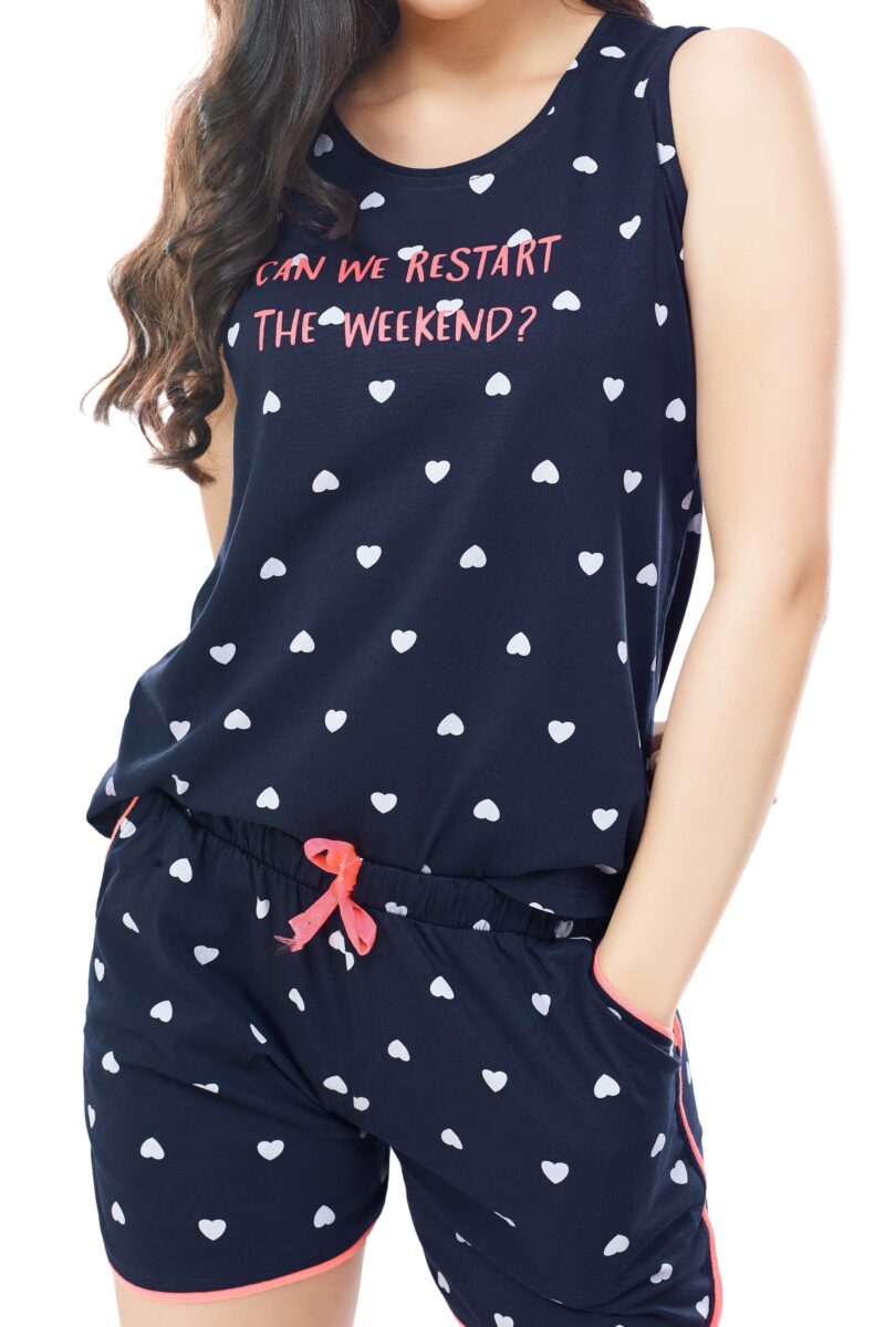 Women's Cotton Navy Blue Heart Printed Shorts Set - Image 2