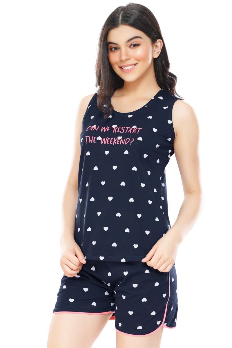 Women's Cotton Navy Blue Heart Printed Shorts Set - Image 4