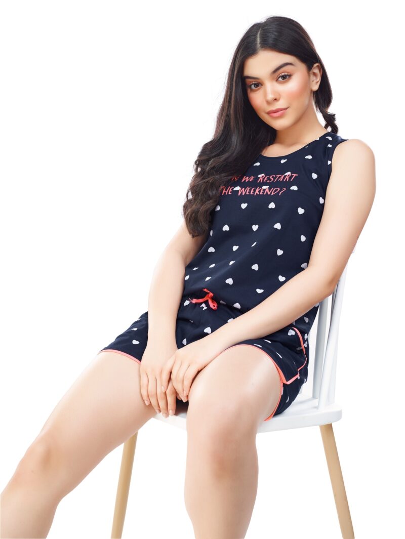 Women's Cotton Navy Blue Heart Printed Shorts Set