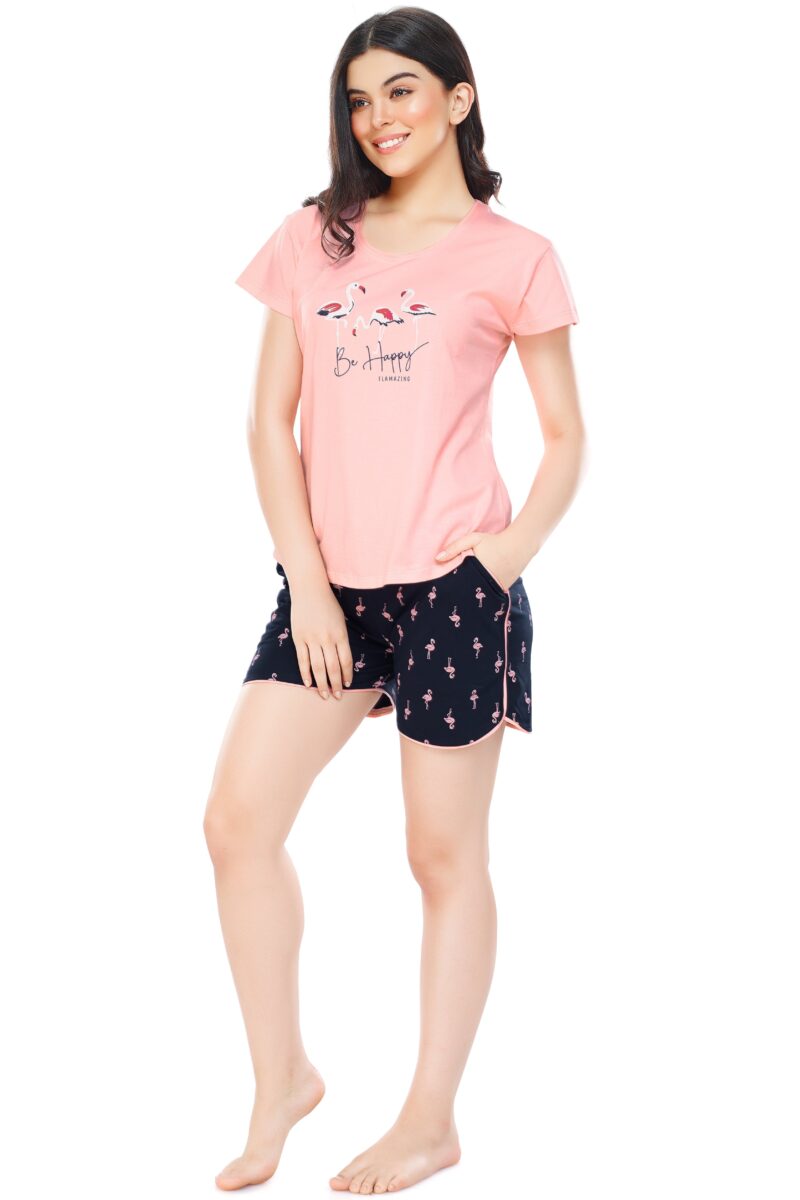 Women's Cotton Peach Flamingo Printed Shorts Set - Image 4