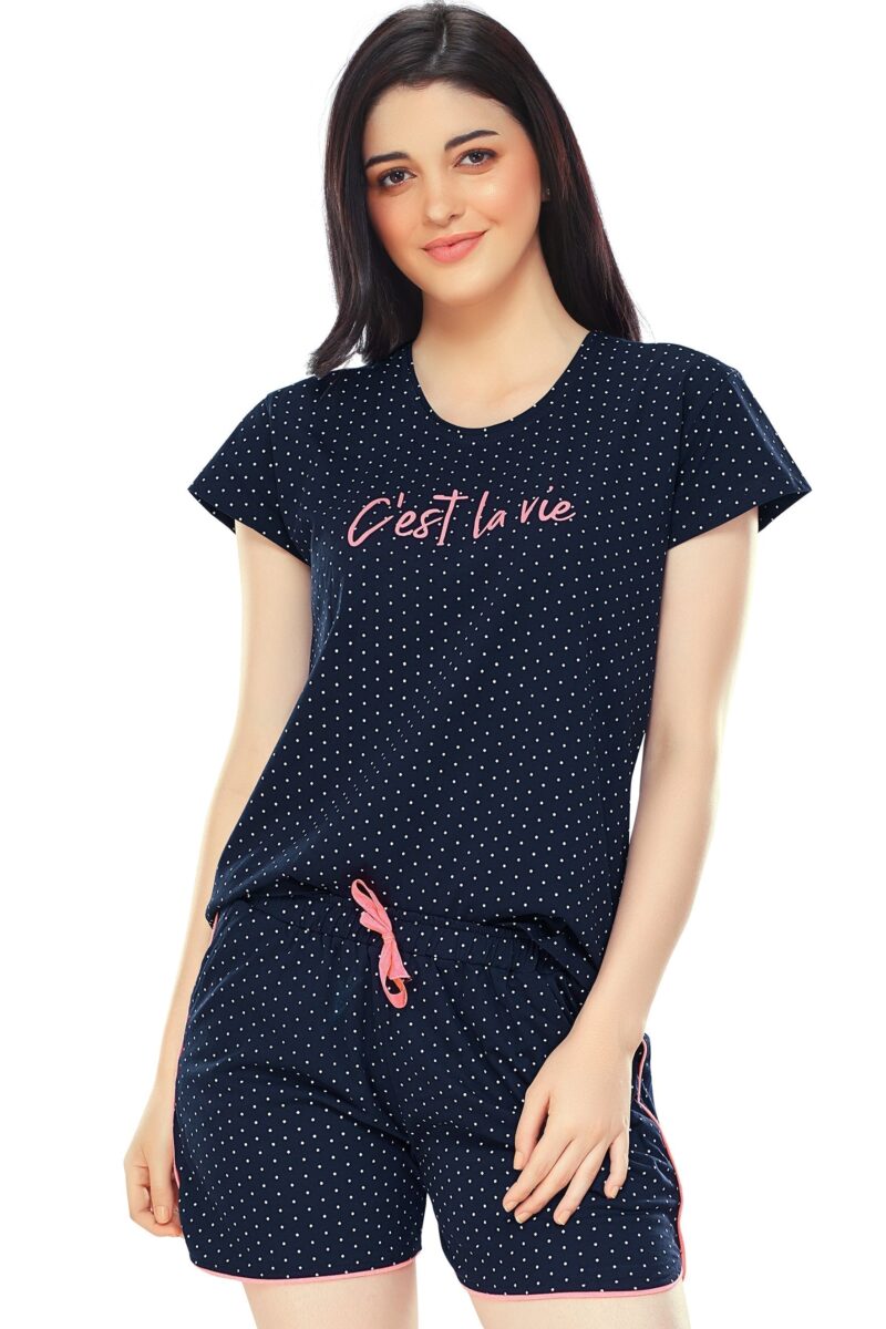 Women's Cotton Navy Blue Dot Printed Shorts Set - Image 5