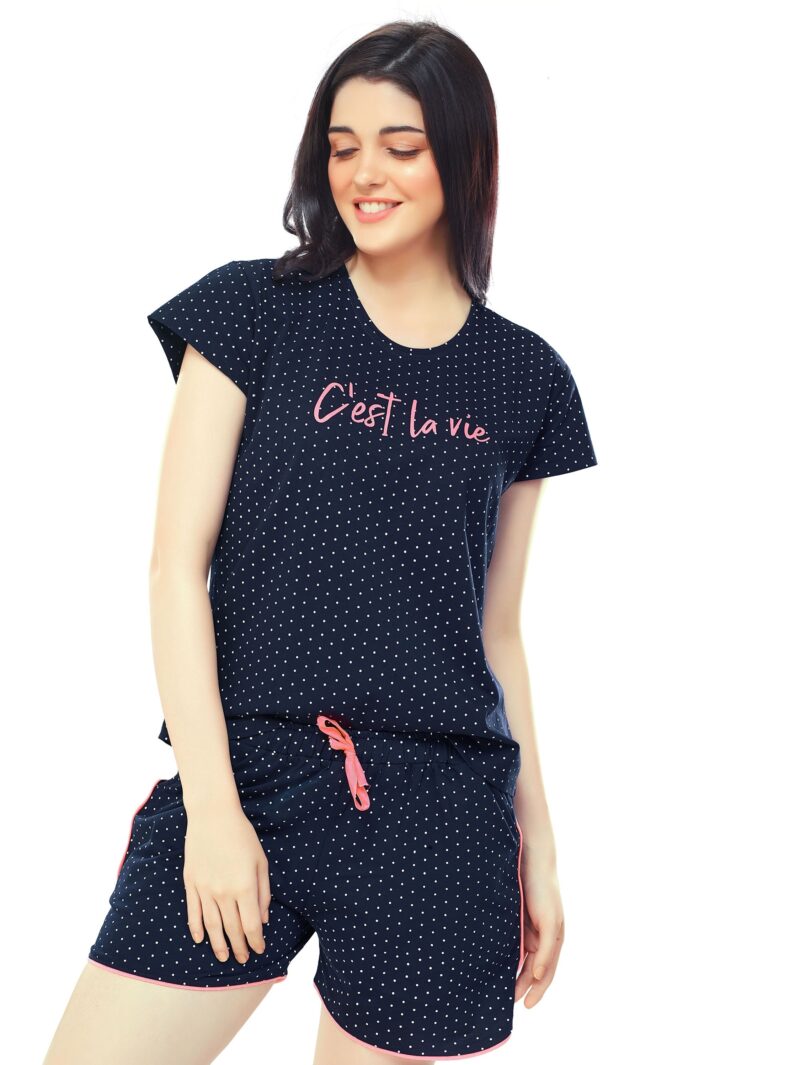 Women's Cotton Navy Blue Dot Printed Shorts Set