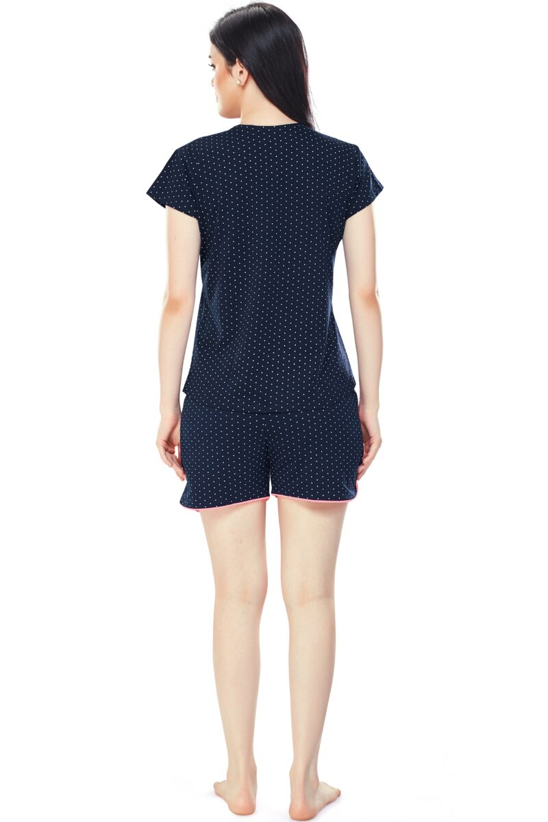 Women's Cotton Navy Blue Dot Printed Shorts Set - Image 3