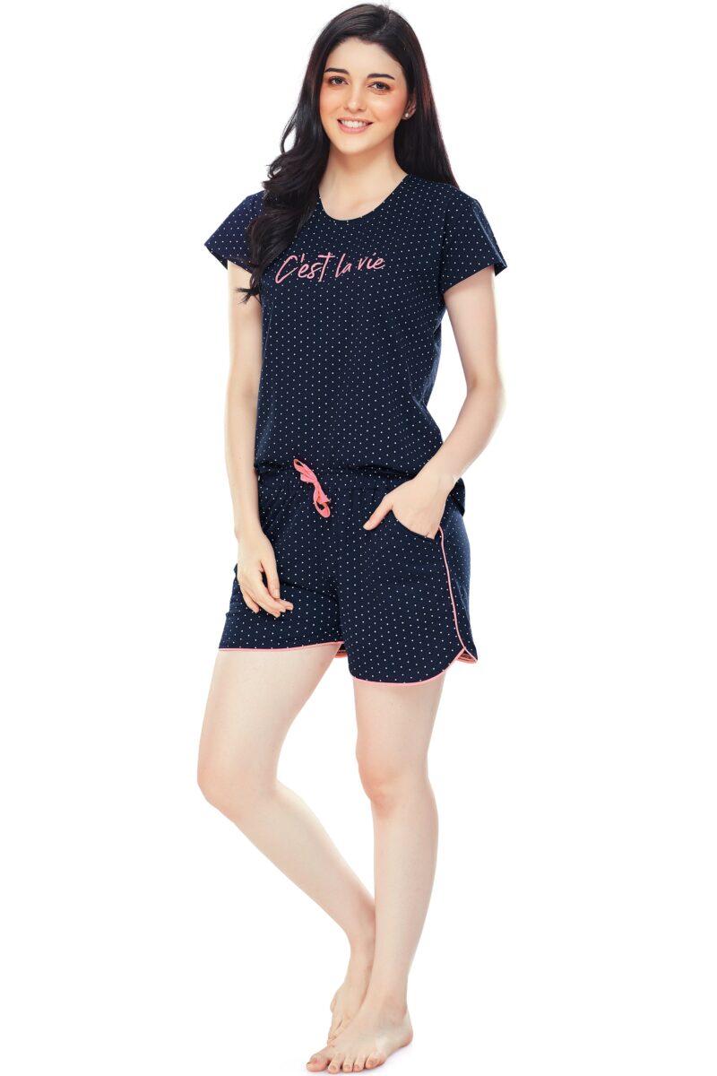 Women's Cotton Navy Blue Dot Printed Shorts Set - Image 4