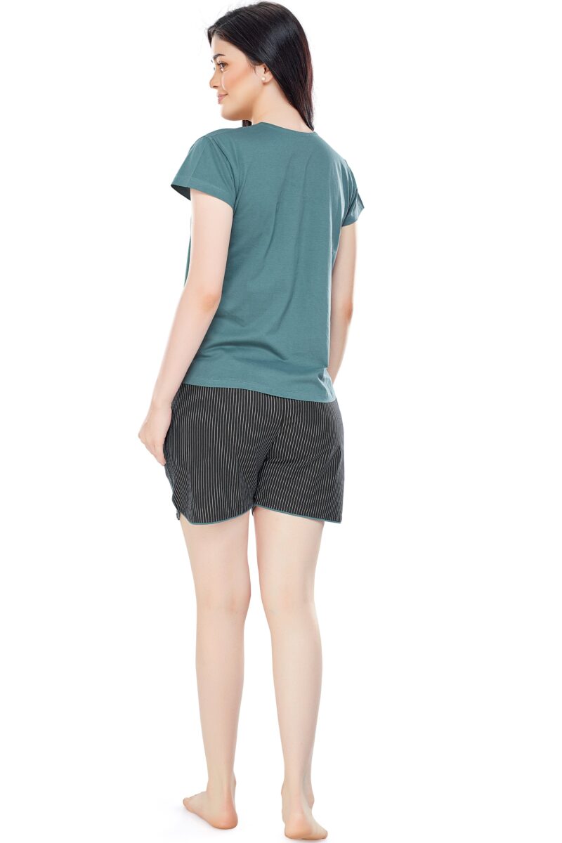 Women's Cotton Green Striped Printed Shorts Set - Image 3