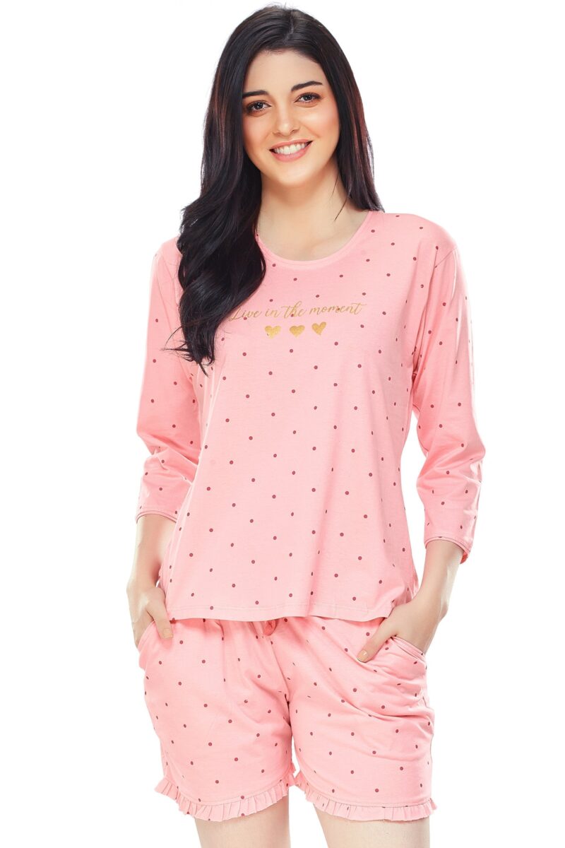 Women's Cotton Pink Dot Printed Shorts Set - Image 5