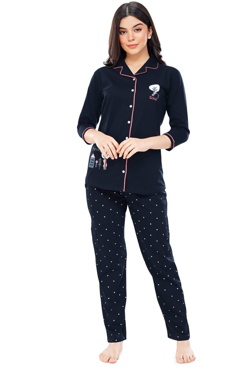 Women's Cotton Navy Blue Dot Printed Stylish Night Suit Set - Image 5