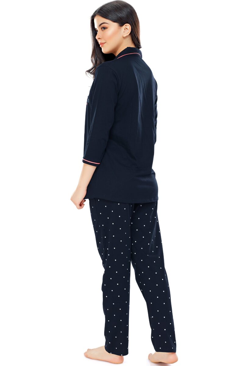 Women's Cotton Navy Blue Dot Printed Stylish Night Suit Set - Image 3