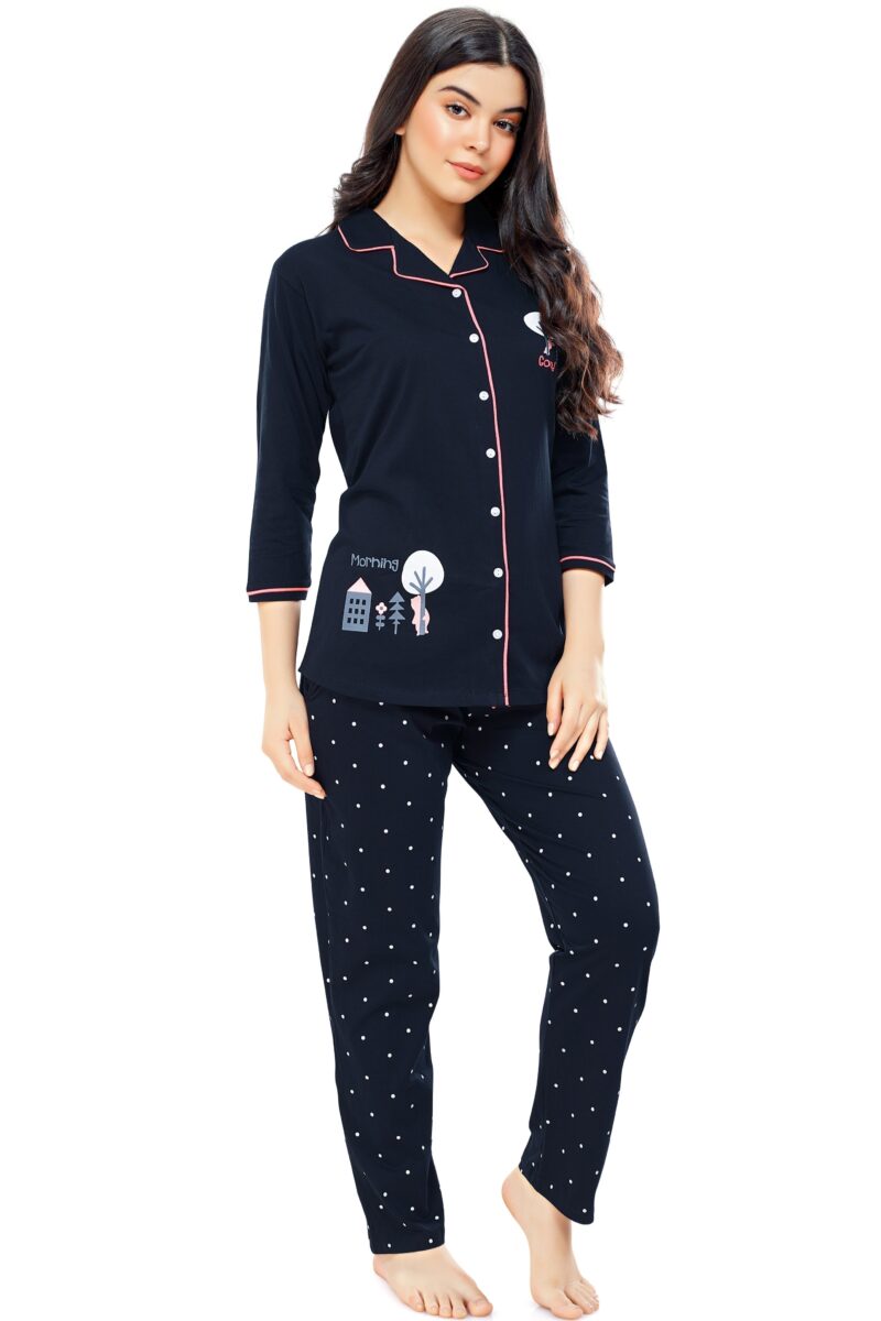 Women's Cotton Navy Blue Dot Printed Stylish Night Suit Set - Image 4