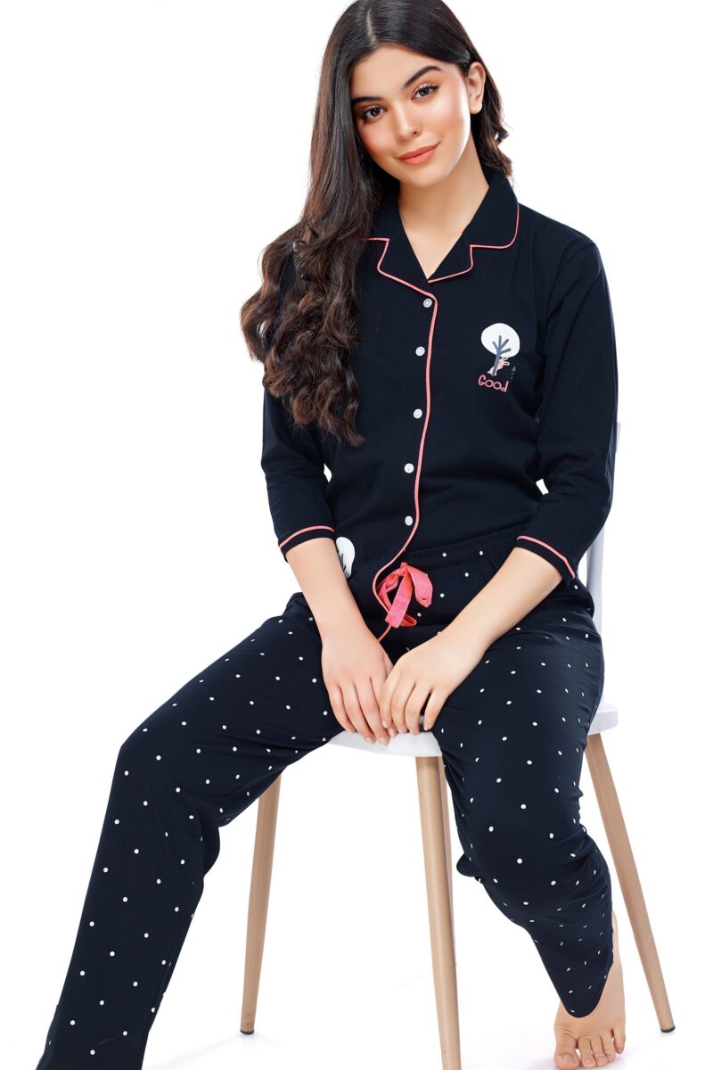 Women's Cotton Navy Blue Dot Printed Stylish Night Suit Set