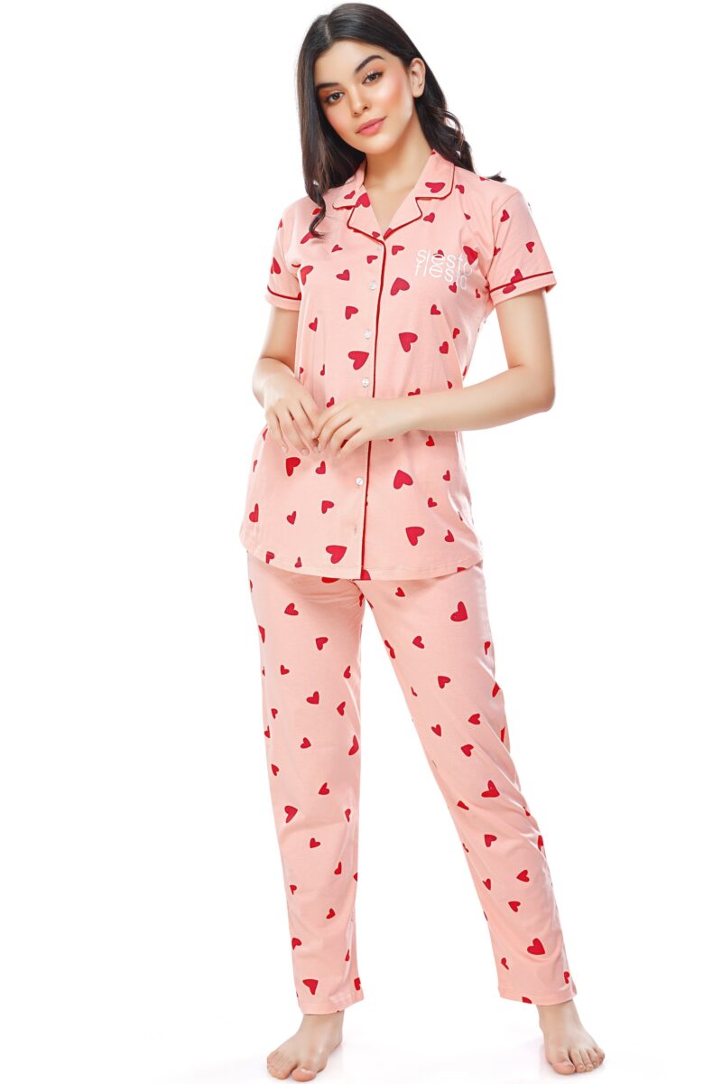 Women's Cotton Peach Heart Printed Stylish Night Suit Set - Image 5