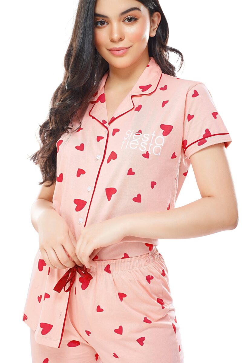 Women's Cotton Peach Heart Printed Stylish Night Suit Set - Image 2