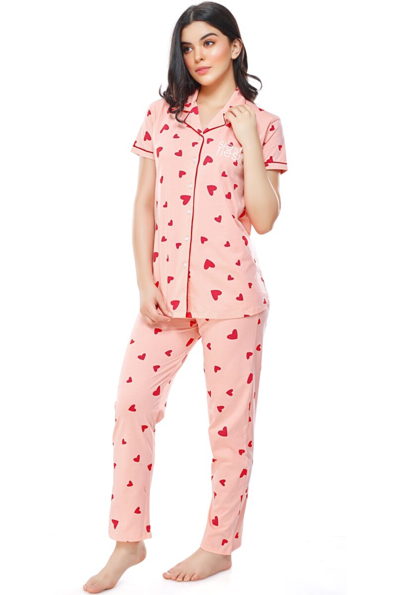 Women's Cotton Peach Heart Printed Stylish Night Suit Set - Image 4