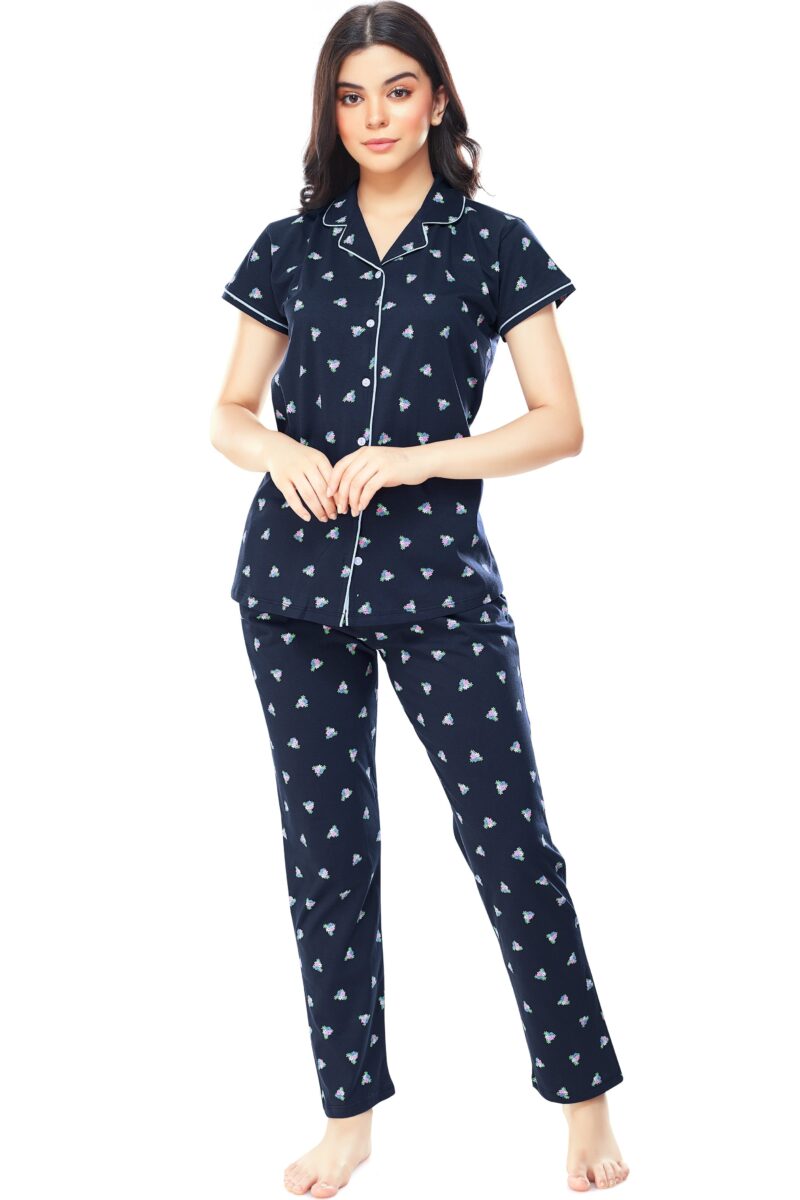 Women's Cotton Navy Blue Floral Printed Stylish Night Suit Set - Image 5