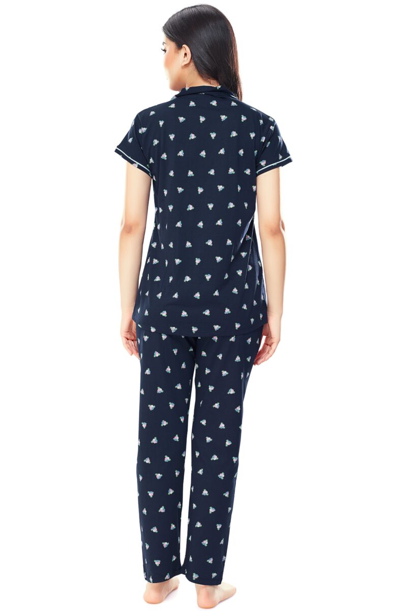 Women's Cotton Navy Blue Floral Printed Stylish Night Suit Set - Image 3