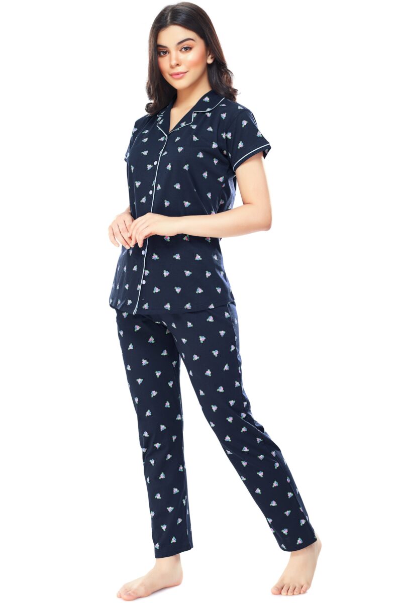 Women's Cotton Navy Blue Floral Printed Stylish Night Suit Set - Image 4