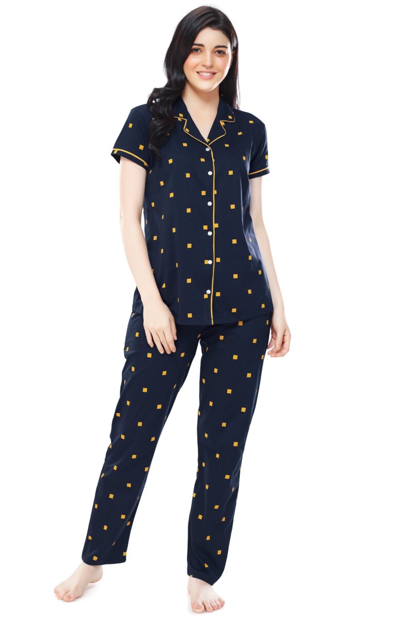 Women's Cotton Navy Blue & Yellow Square Printed Stylish Night Suit Set - Image 5