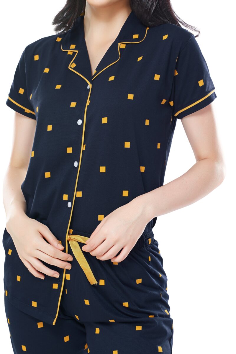 Women's Cotton Navy Blue & Yellow Square Printed Stylish Night Suit Set - Image 2