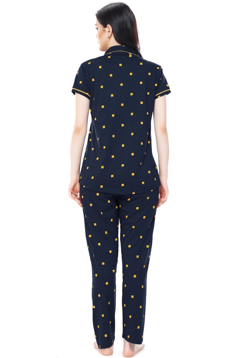 Women's Cotton Navy Blue & Yellow Square Printed Stylish Night Suit Set - Image 3