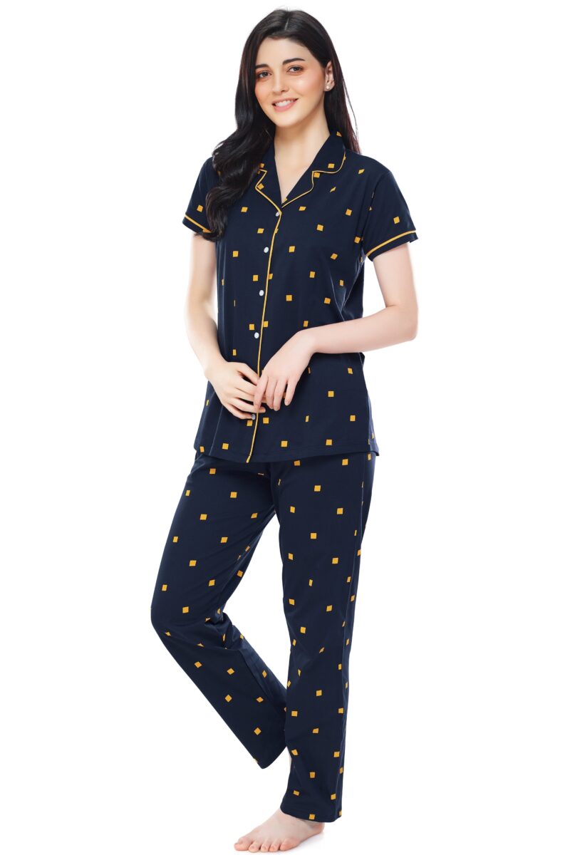 Women's Cotton Navy Blue & Yellow Square Printed Stylish Night Suit Set - Image 4