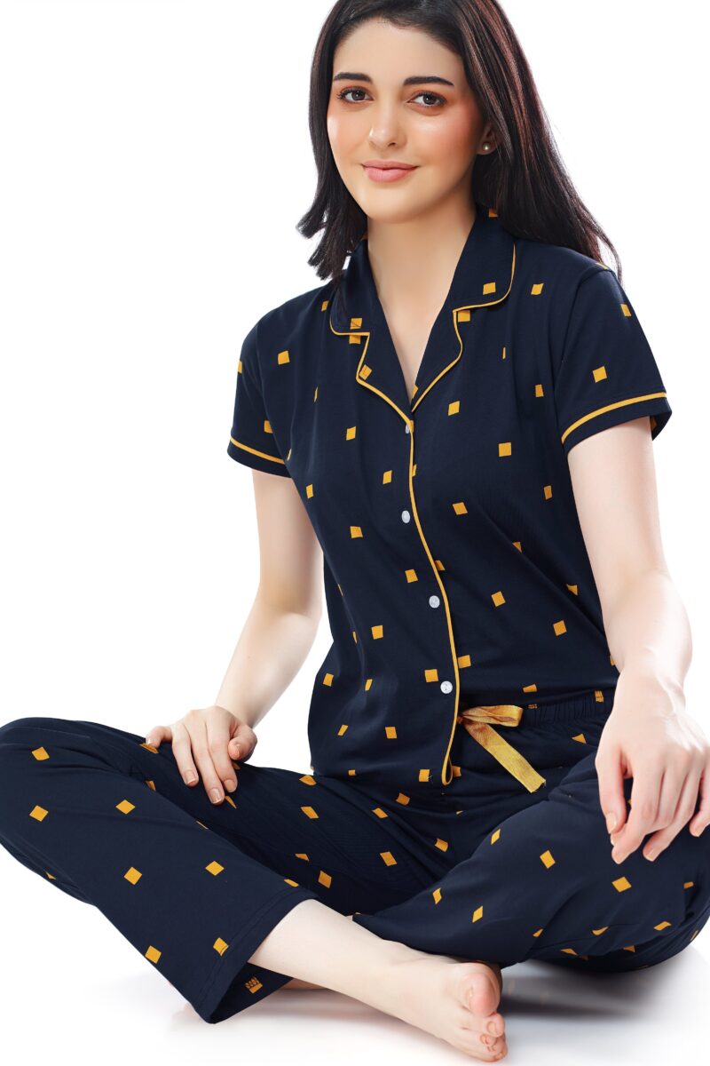 Women's Cotton Navy Blue & Yellow Square Printed Stylish Night Suit Set