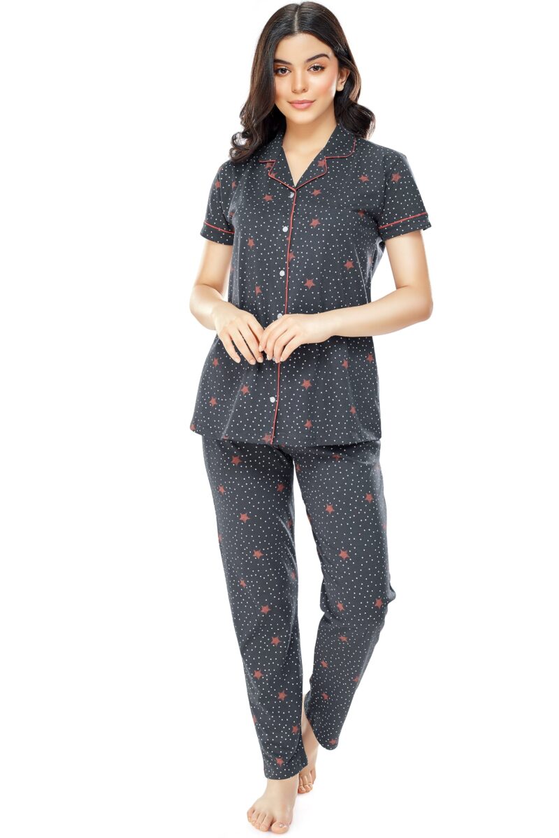 Women's Cotton Grey Star & Dot Printed Stylish Night Suit Set - Image 5