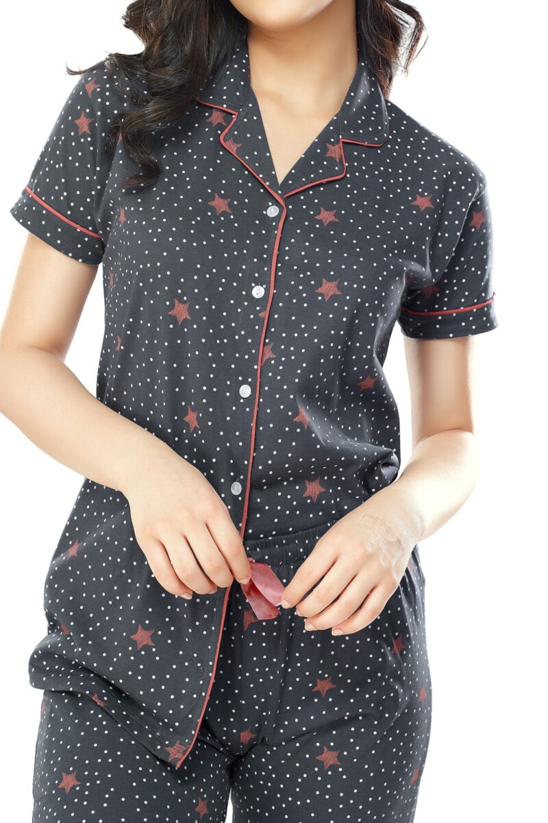 Women's Cotton Grey Star & Dot Printed Stylish Night Suit Set - Image 2