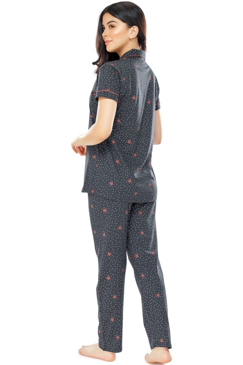 Women's Cotton Grey Star & Dot Printed Stylish Night Suit Set - Image 3