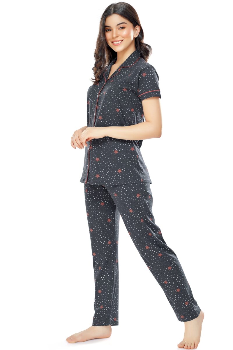 Women's Cotton Grey Star & Dot Printed Stylish Night Suit Set - Image 4