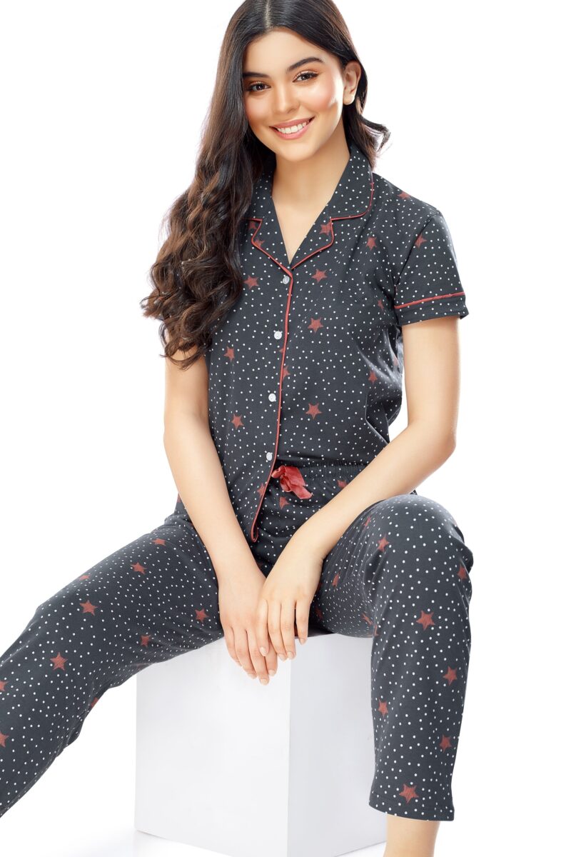 Women's Cotton Grey Star & Dot Printed Stylish Night Suit Set