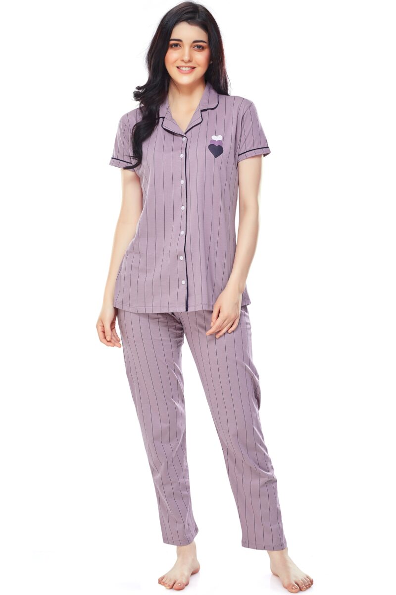 Women's Cotton Lavender Striped Stylish Night Suit Set - Image 5