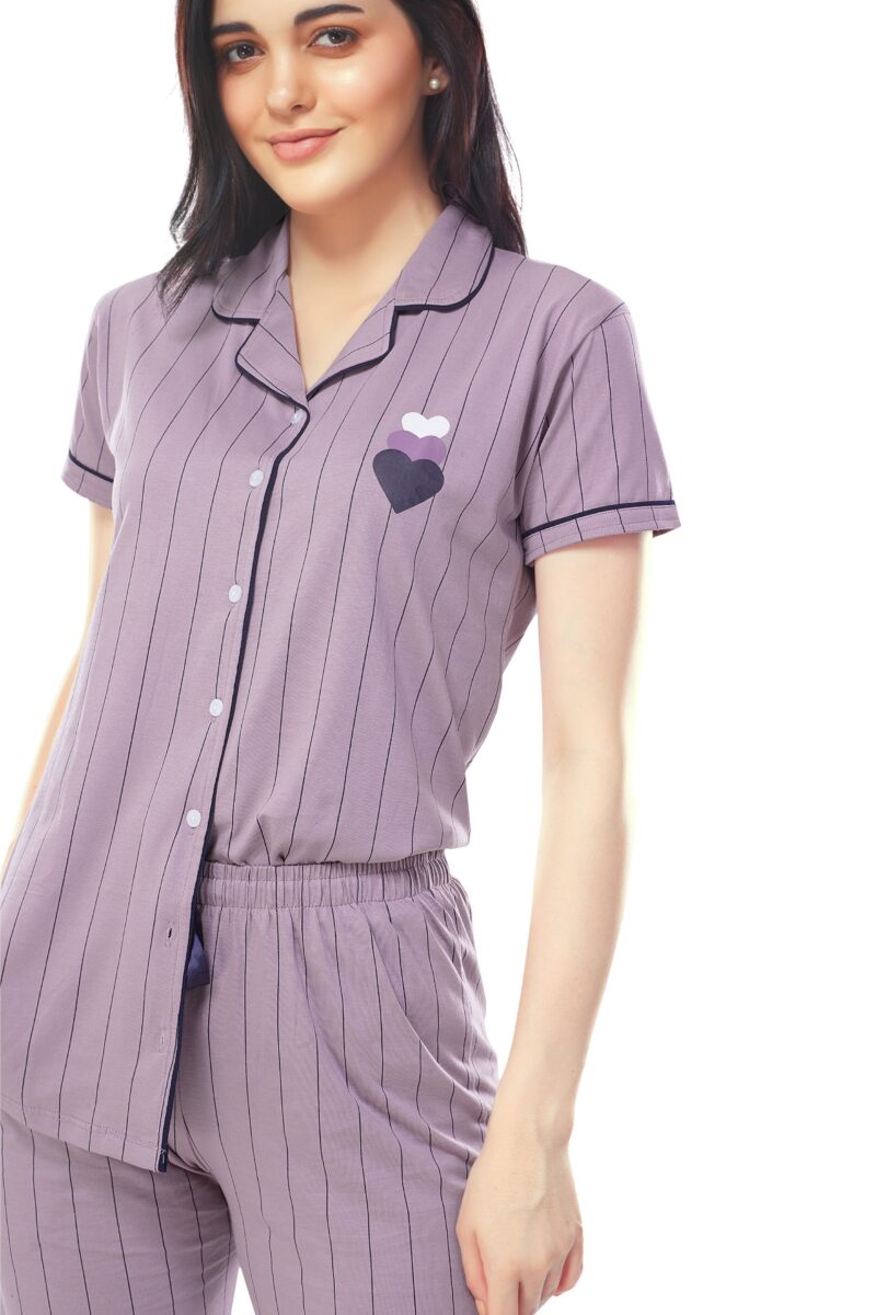 Women's Cotton Lavender Striped Stylish Night Suit Set - Image 2