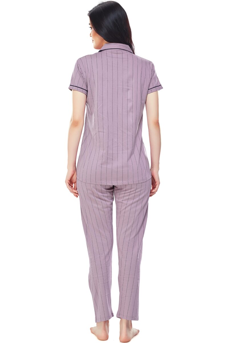 Women's Cotton Lavender Striped Stylish Night Suit Set - Image 3