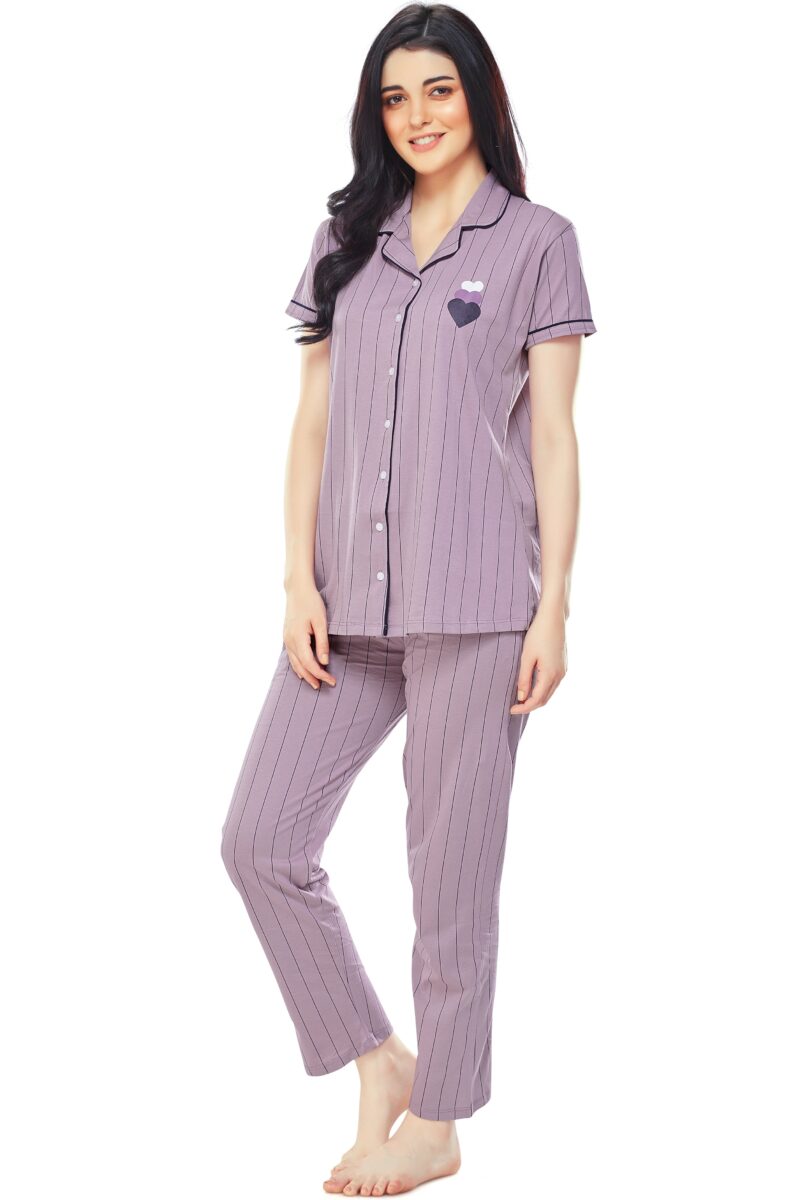 Women's Cotton Lavender Striped Stylish Night Suit Set - Image 4