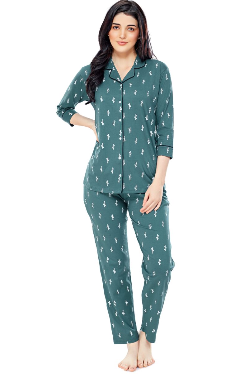 Women's Cotton Green Cactus Printed Stylish Night Suit Set - Image 5