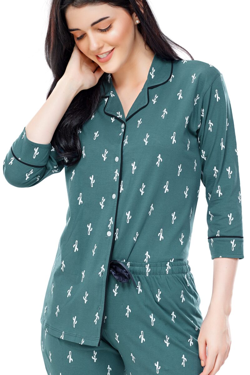 Women's Cotton Green Cactus Printed Stylish Night Suit Set - Image 2