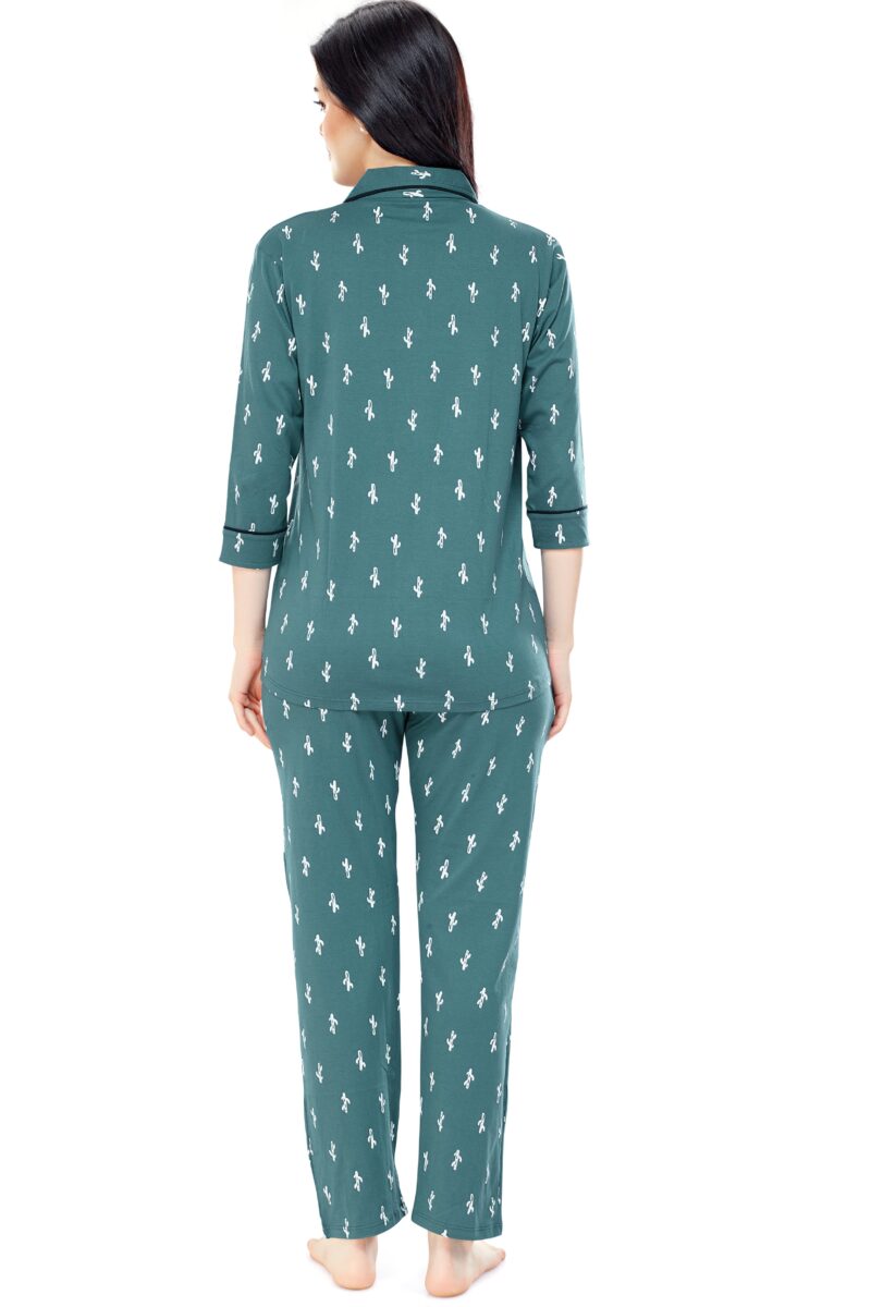 Women's Cotton Green Cactus Printed Stylish Night Suit Set - Image 3