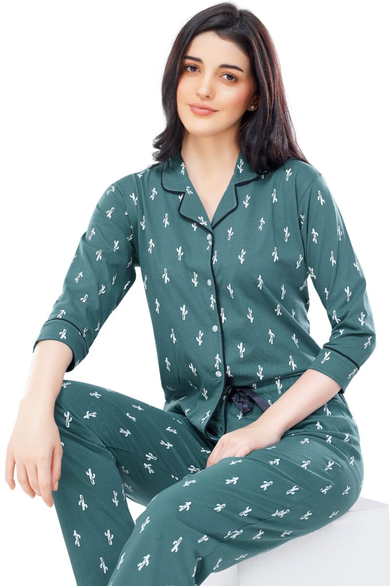 Women's Cotton Green Cactus Printed Stylish Night Suit Set