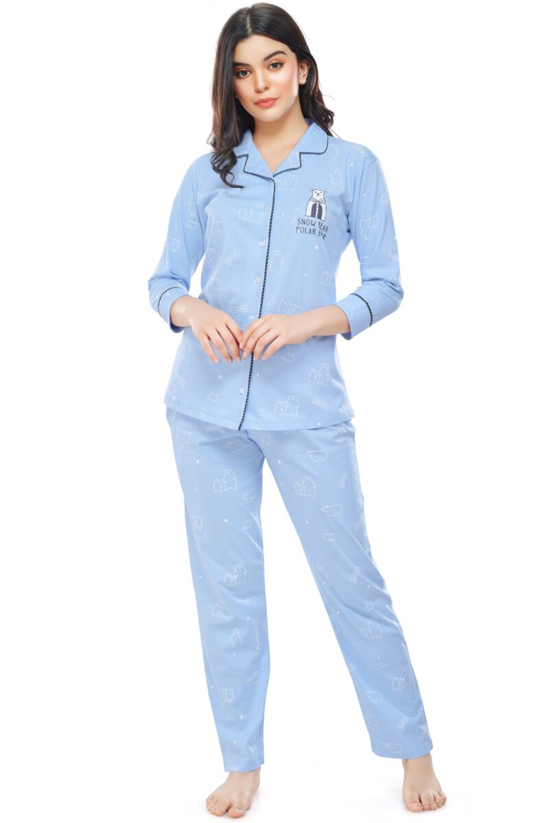 Women's Cotton Blue Bear Printed Stylish Night Suit Set - Image 5