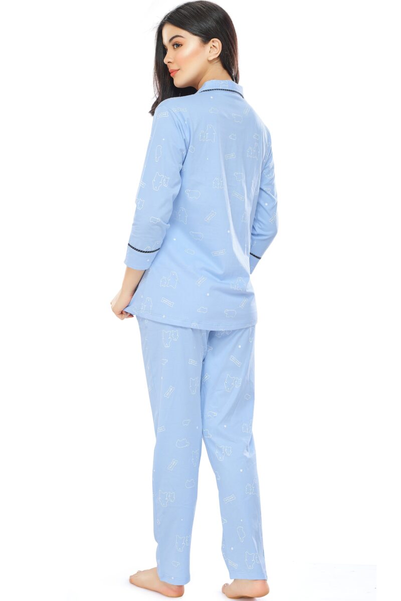 Women's Cotton Blue Bear Printed Stylish Night Suit Set - Image 3