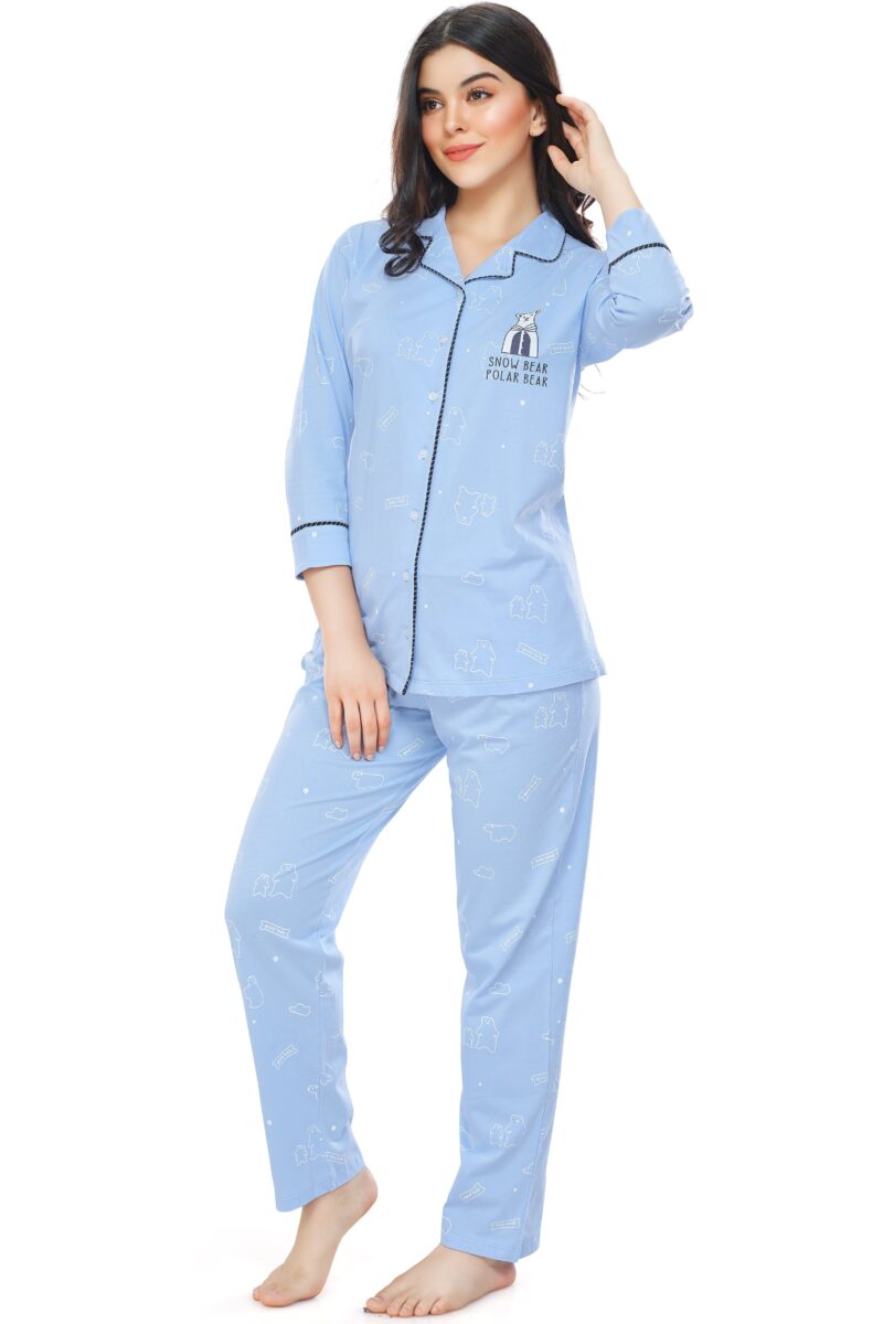 Women's Cotton Blue Bear Printed Stylish Night Suit Set - Image 4