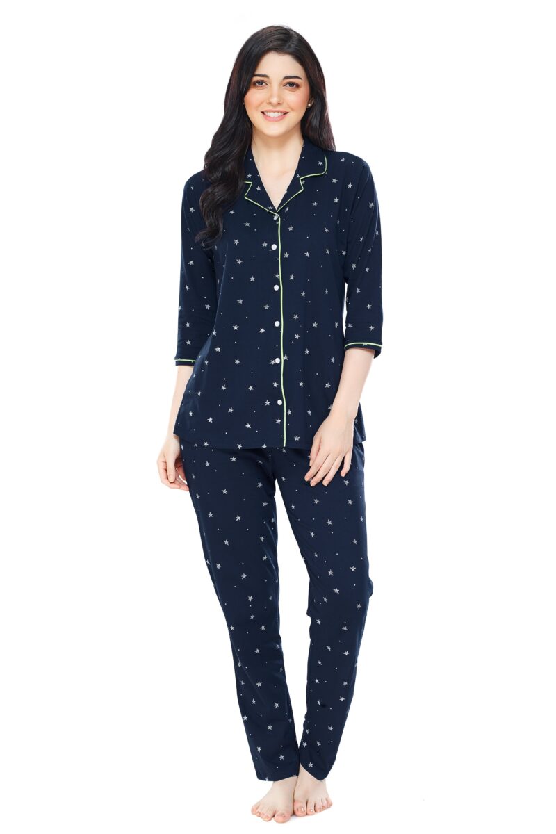 Women's Cotton Navy Blue Star Printed Stylish Night Suit Set - Image 5