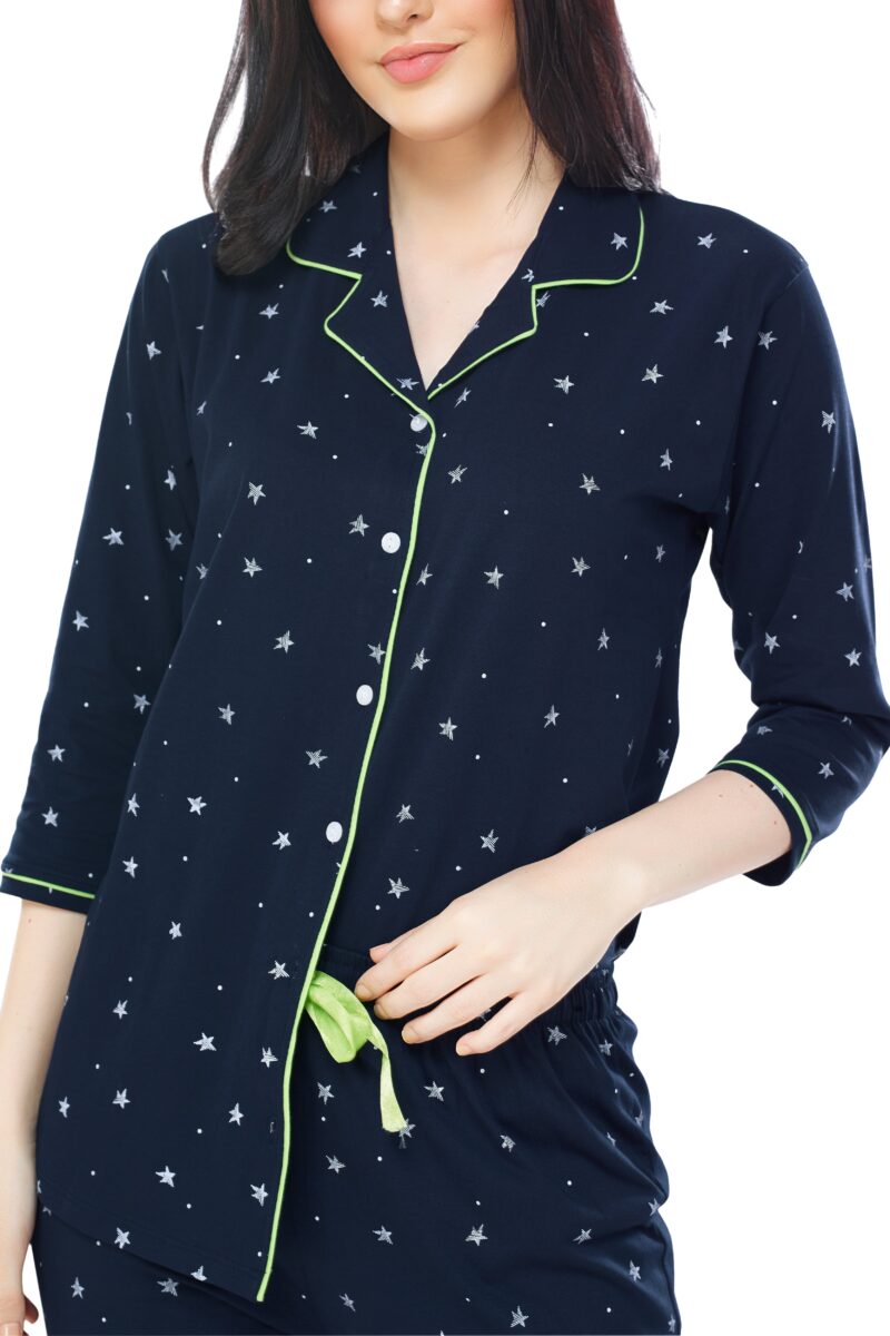 Women's Cotton Navy Blue Star Printed Stylish Night Suit Set - Image 2