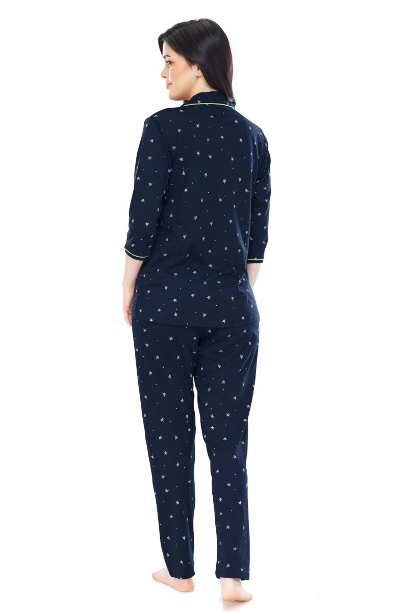 Women's Cotton Navy Blue Star Printed Stylish Night Suit Set - Image 3