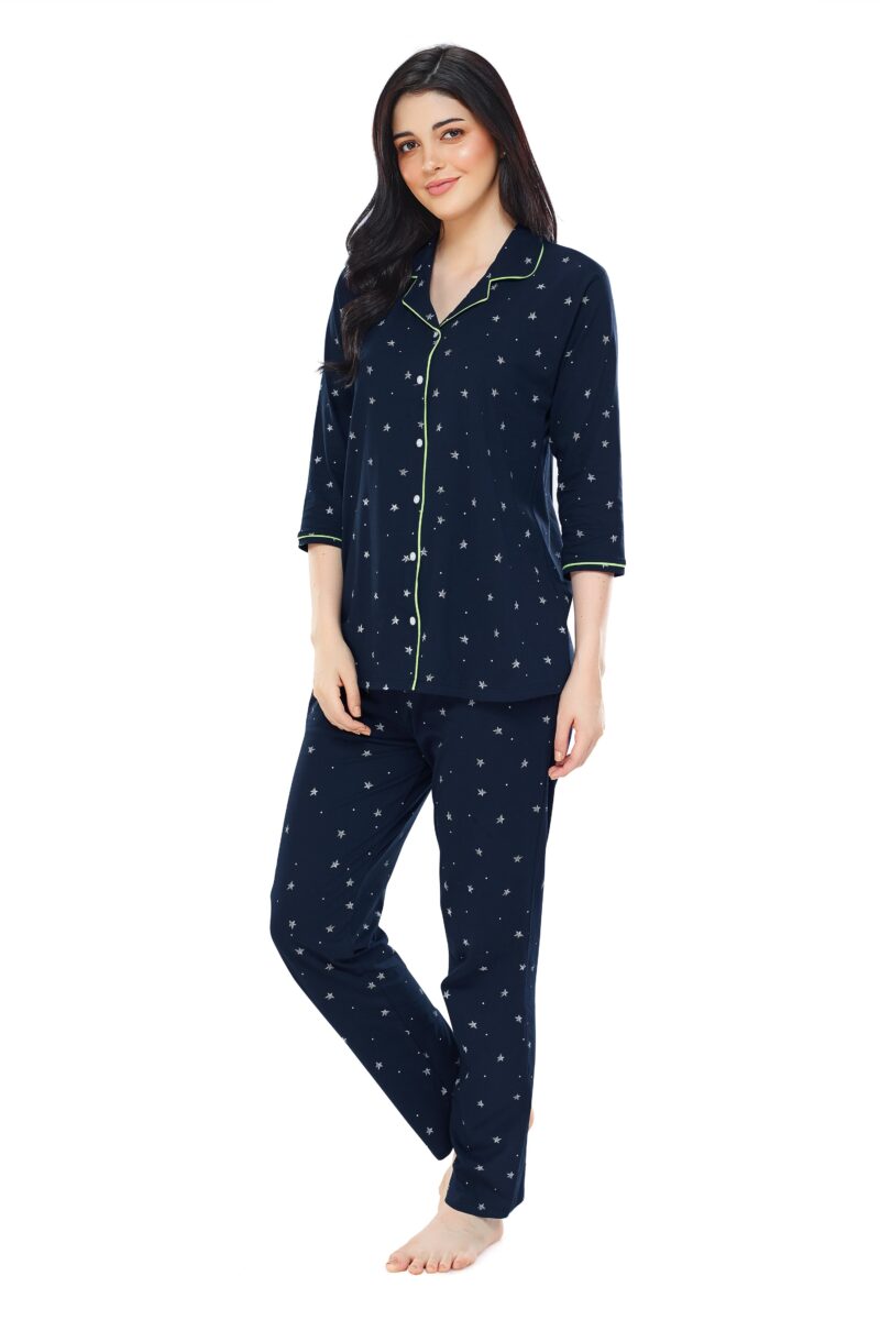 Women's Cotton Navy Blue Star Printed Stylish Night Suit Set - Image 4