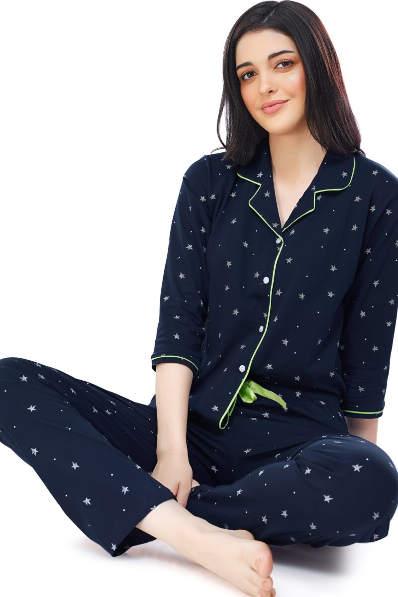 Women's Cotton Navy Blue Star Printed Stylish Night Suit Set